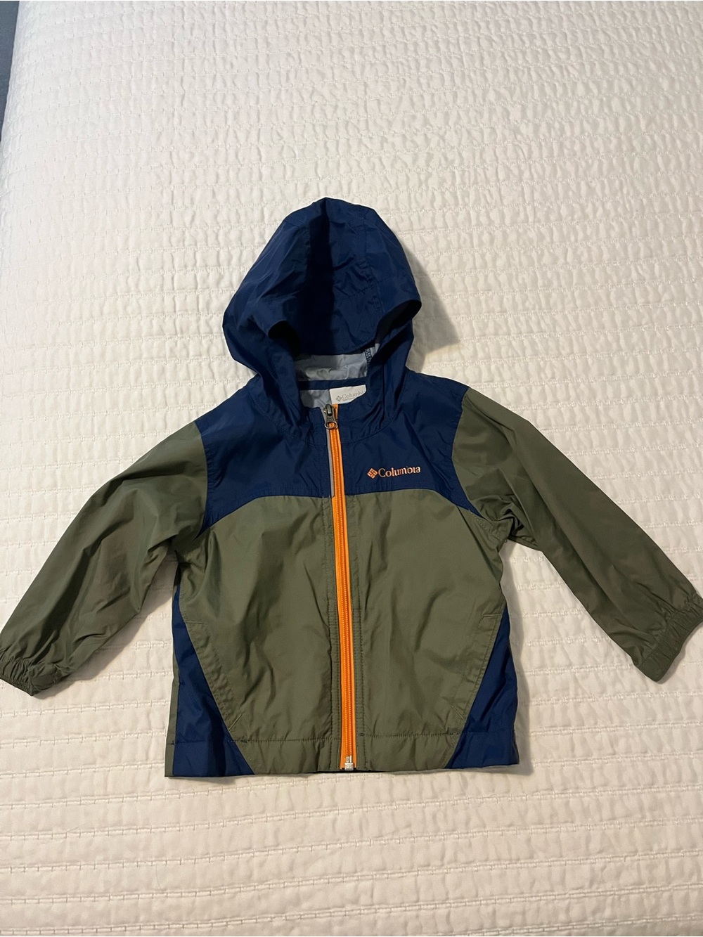 Columbia Olive & Navy Kids' Hooded Rain Jacket with Orange Zipper